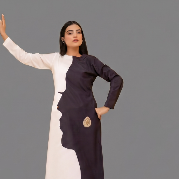 Monochrome Illusion Color-Blocked Abaya Gown with Zari Emblem