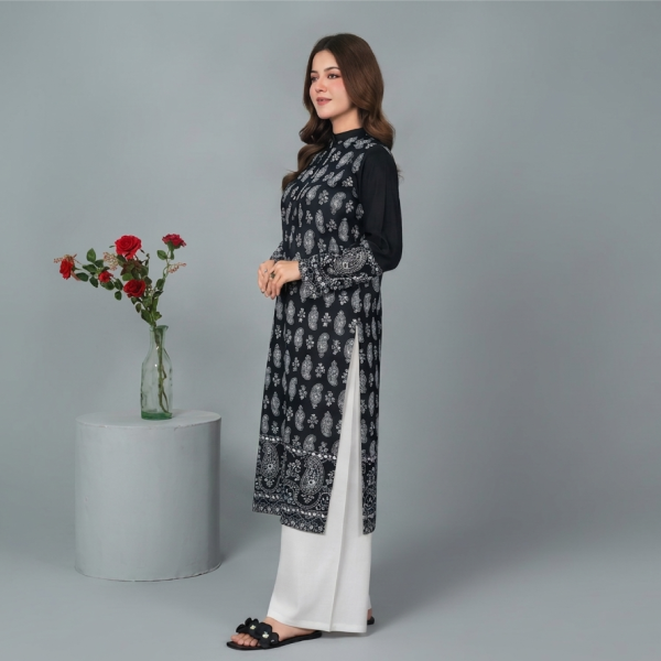 Charcoal Black Traditional Monochrome Kurti – 2-Piece Printed Set