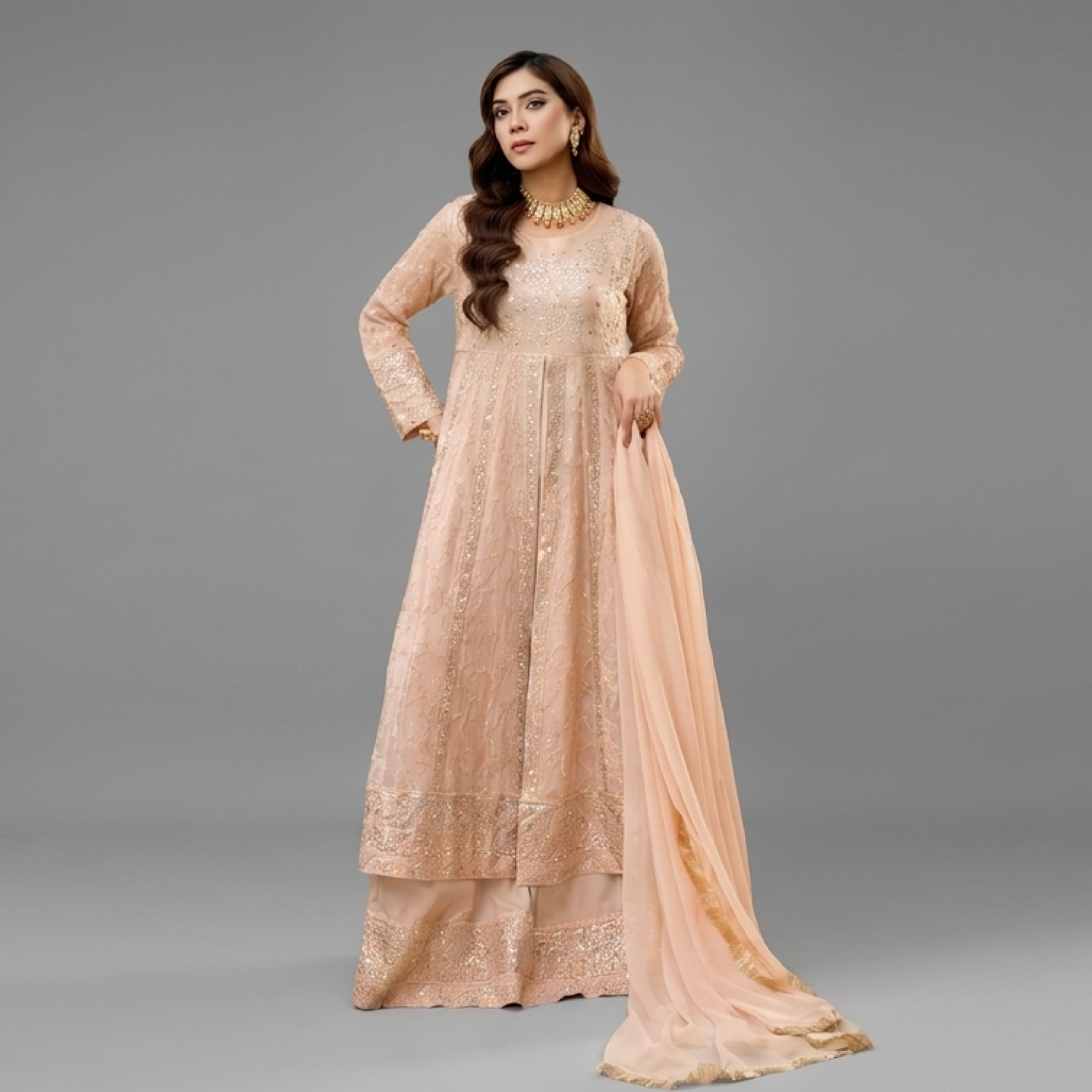 Embellished Peach Anarkali Set