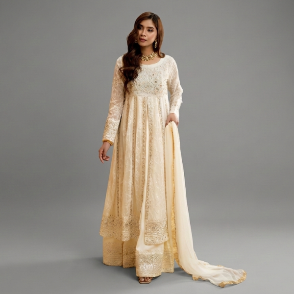 Embellished Ivory Anarkali Set
