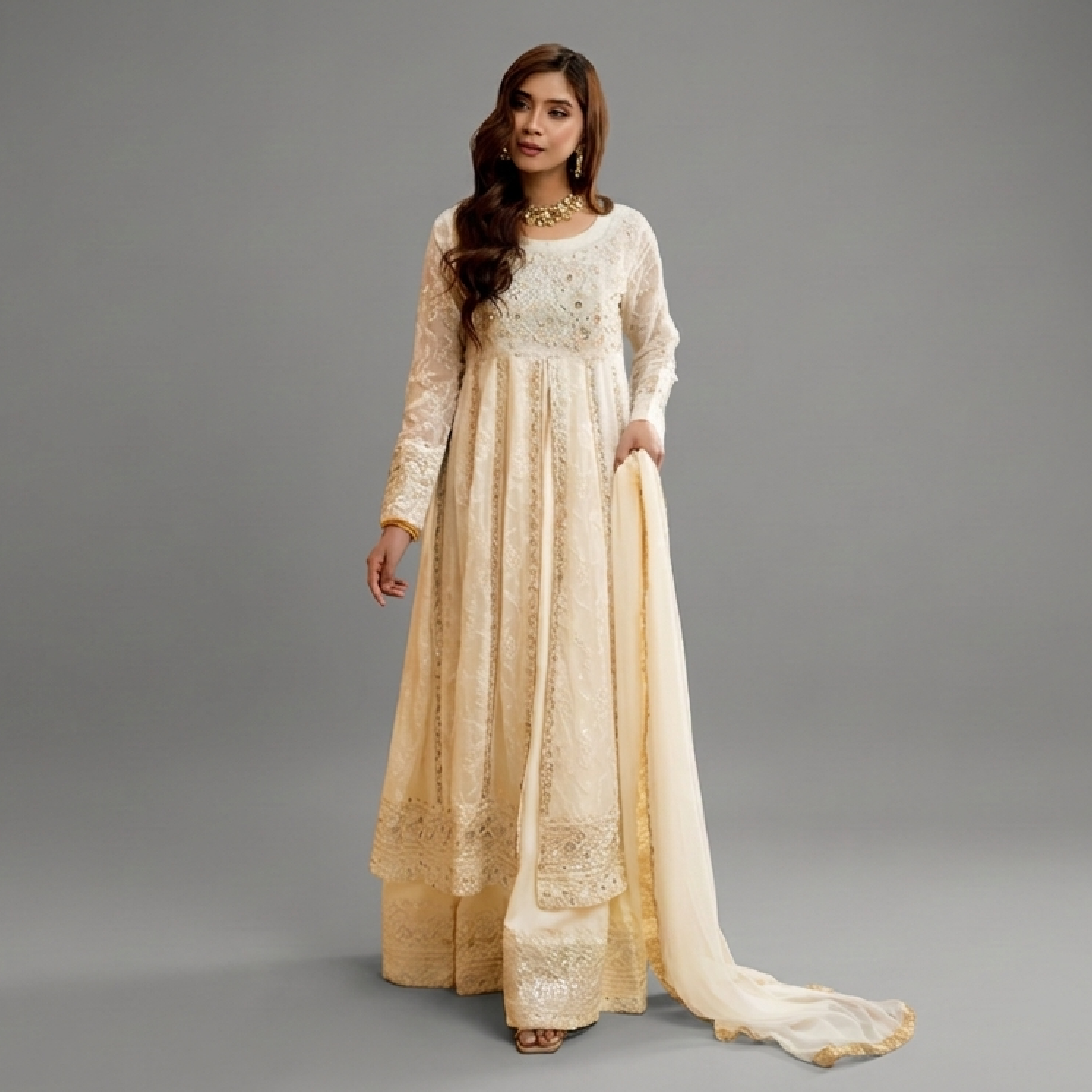 Embellished Ivory Anarkali Set