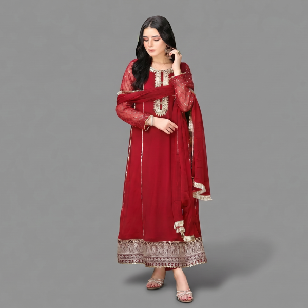 Crimson Red Heavily Embroidered Anarkali Suit Set