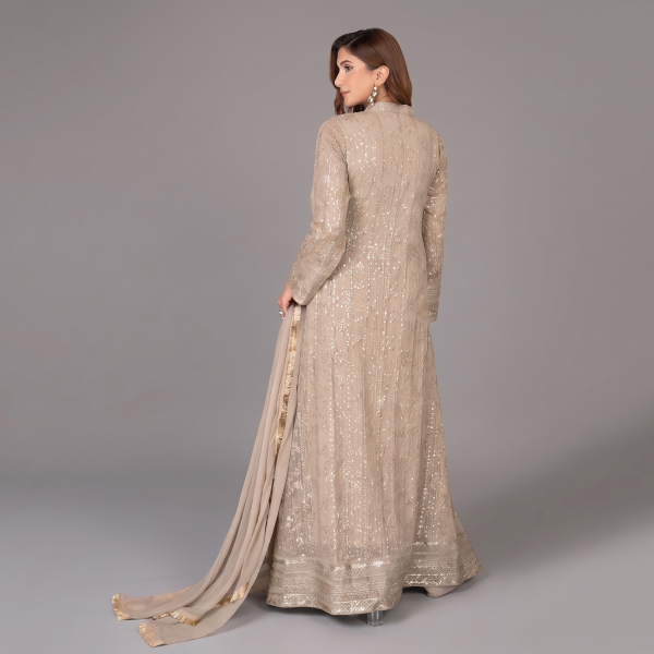 Manahil Embroidered Beige-Taupe  Festive Anarkali Set