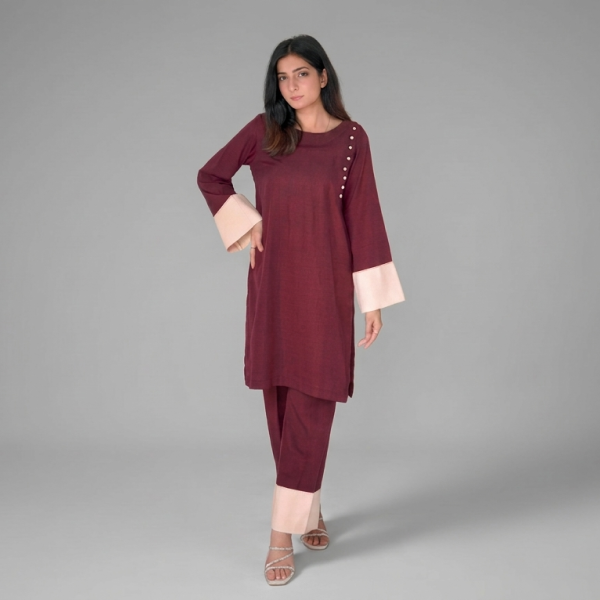 Maroon A-Line Kurta Set with Contrast Peach Cuffs and Button