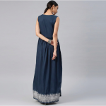 Chic Indigo Blue Printed Fusion Dress with Flared Inner Skirt