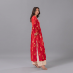 Vibrant Crimson Red Frock-Style Kurta with Gold Floral Motifs