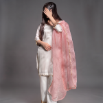 Off-White and Pink Embroidered Kurti with Matching Trousers