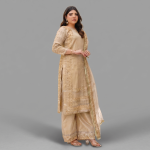 Ivory Gold Heavily Embroidered 3-Piece Organza Suit with Wide-Leg Pants