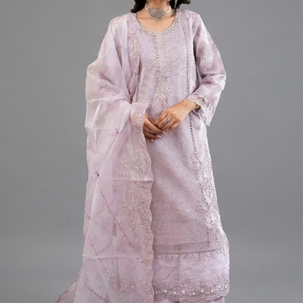 Off-White Textured Embellished Kurta with Matching Palazzo Pants