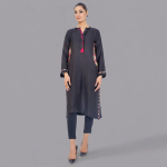Midnight Black Scalloped Kurta Set with Fuchsia Pink Accents