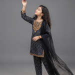 Navy Gold Embroidered Girls Suit