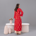 Vibrant Crimson Red Frock-Style Kurta with Gold Floral Motifs