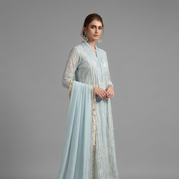 Elegant Powder Blue Embellished Anarkali Suit Set