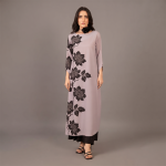 Elegant Lavender Floral Shift Dress with Black Trousers