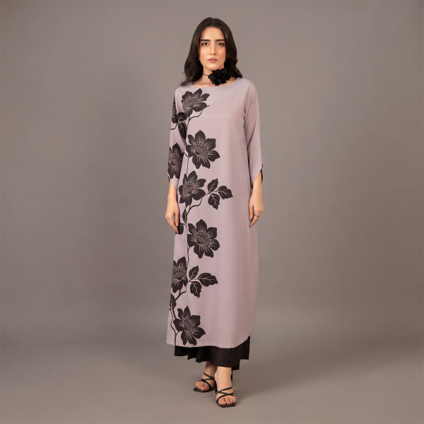 Elegant Lavender Floral Shift Dress with Black Trousers