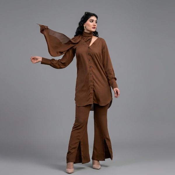Chic Chocolate Brown Co-ord Set with Scarf