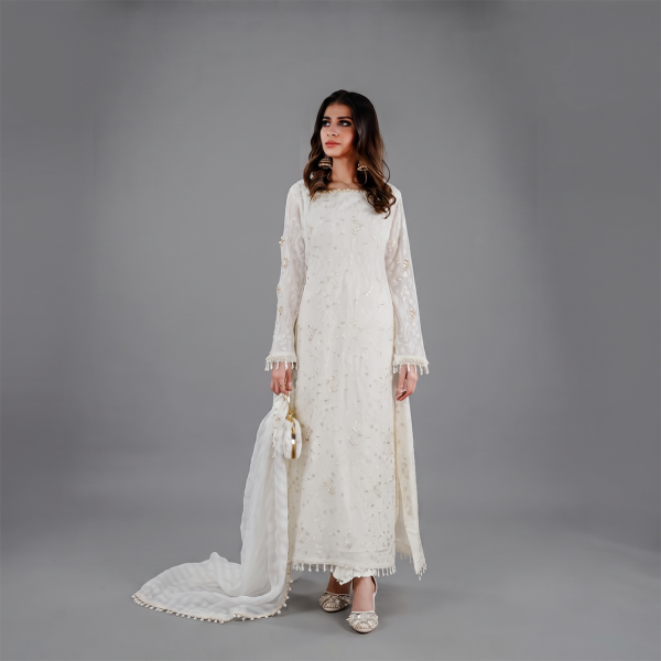 Ivory Embroidered Chiffon Kurti with Matching Trousers