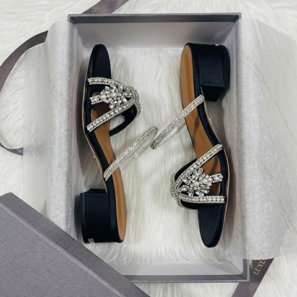 Luxury Black Rhinestone Bow Flat Slides for Women