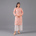 Peach Coral Printed Kurti with Wide-Leg White Trousers