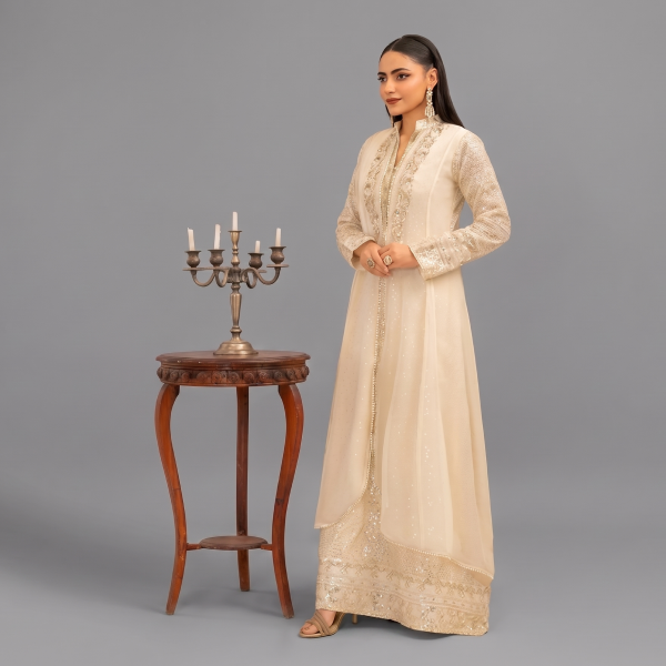 Manahil Embroidered Ivory Gold 3-Piece Festive Anarkali Set