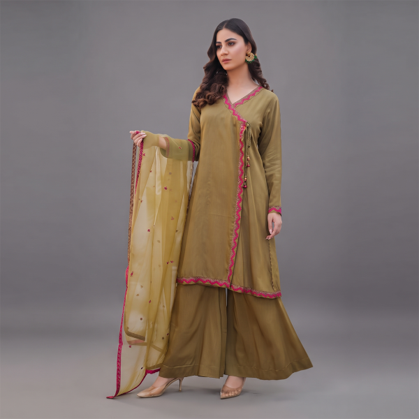 Olive Aura Embellished 3-Piece Festive Suit