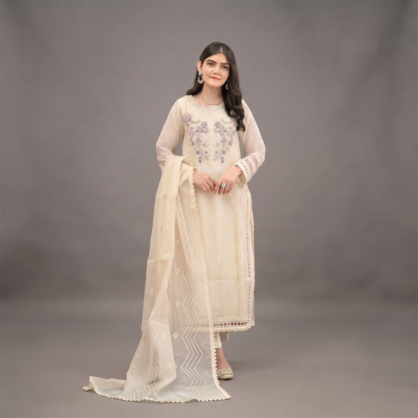 Ivory Embroidered Chiffon Kurti Set