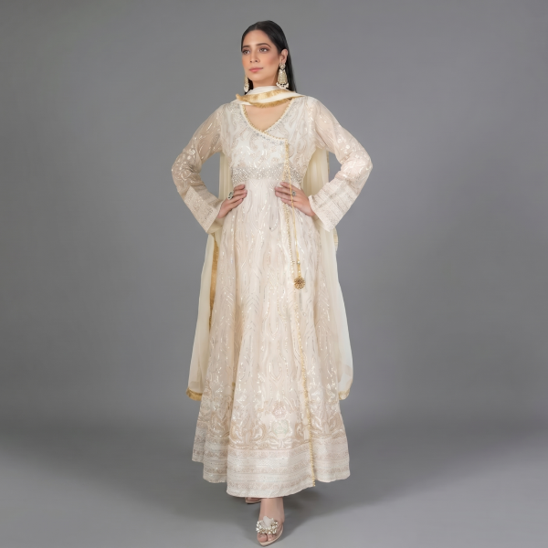 Embellished Ivory Angrakha Anarkali Set