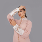 Soft Blush Rose Long Tunic with Lace Accents and Potli Buttons