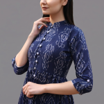 Indigo Ikat Printed Front-Slit Maxi Kurta