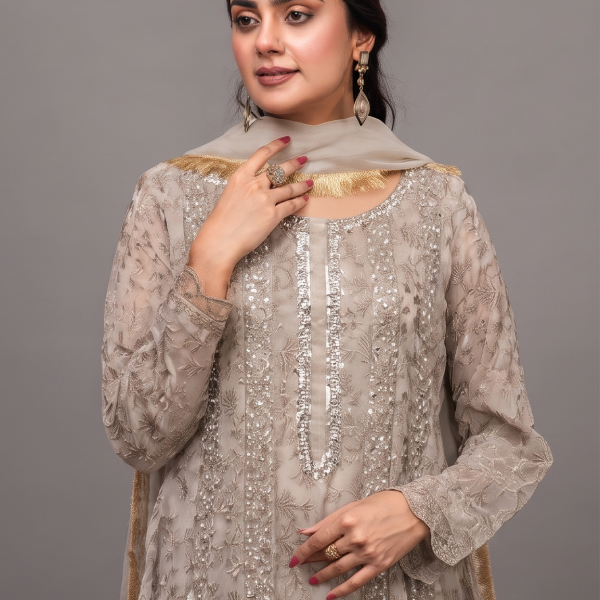 Silver Mist Embroidered Anarkali with Chiffon Dupatta