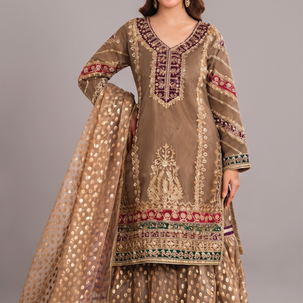 Golden Mocha Embroidered Luxury 3-Piece Gharara Suit