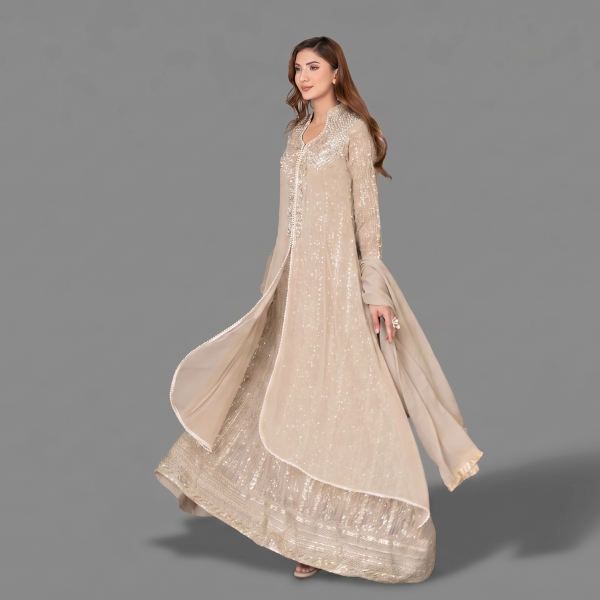 Manahil Embroidered Beige-Taupe  Festive Anarkali Set