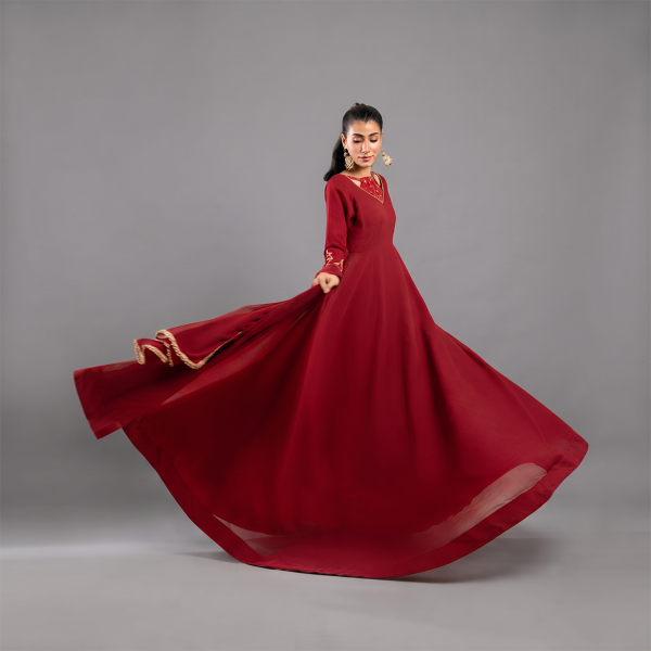 Crimson Red Embroidered Floor-Length Suit