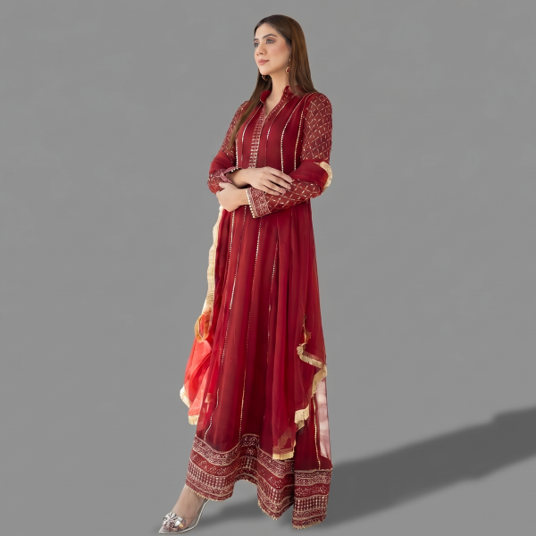 Deep Maroon Embroidered Anarkali Suit Set – 3-Piece Festive