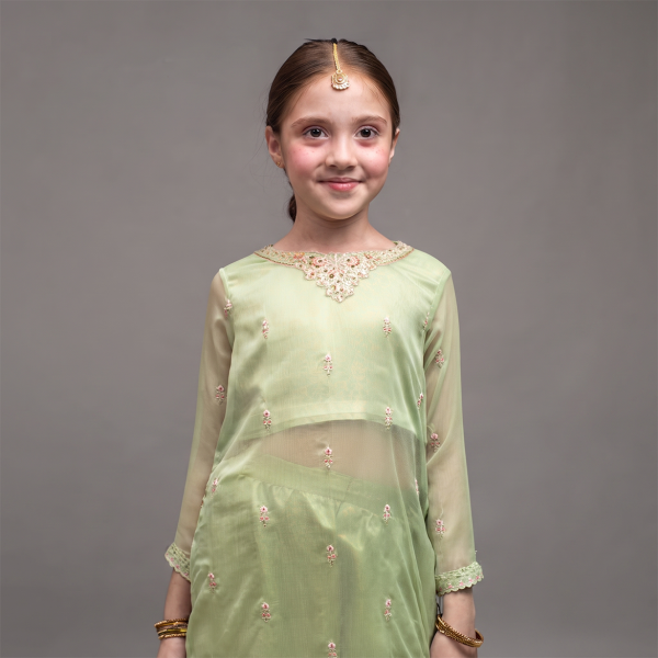 Green Embroidered Girls' Kurta & Palazzo Set