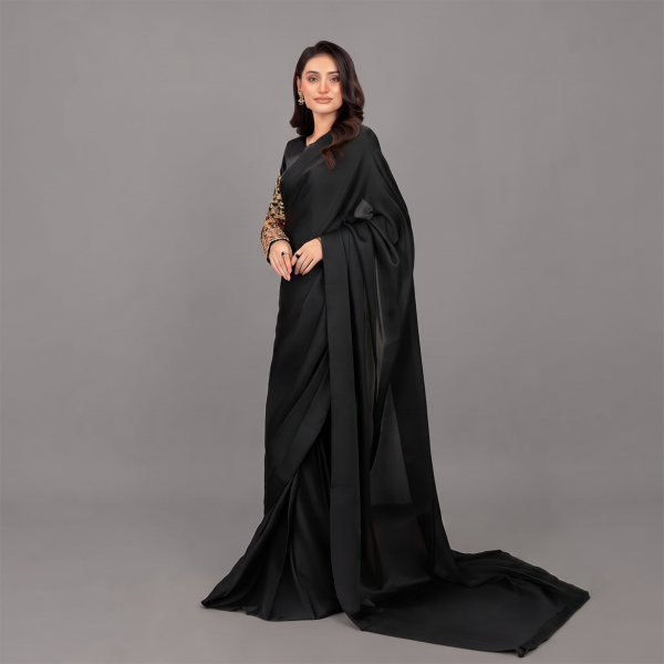 Elegant Black Satin Saree with Embellished Sleeves