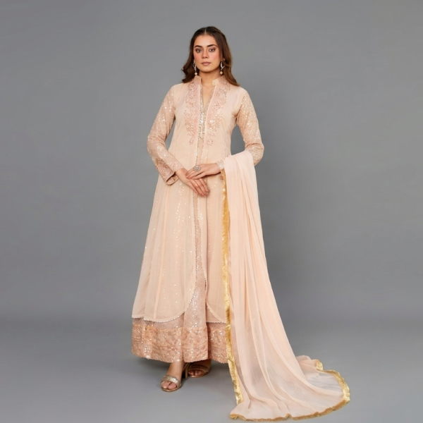 Elegant Peach Embellished Floor-Length Ensemble
