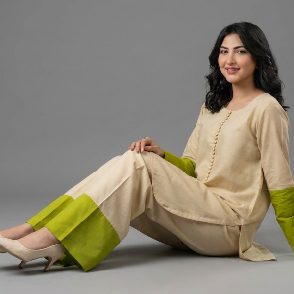 Beige Kurta Set with Lime Green Contrast Cuffs