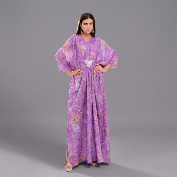 Lavender Breeze Printed Butterfly Kaftan Gown