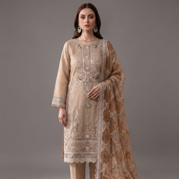 Beige Embroidered 3-Piece Suit