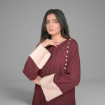 Maroon A-Line Kurta Set with Contrast Peach Cuffs and Button