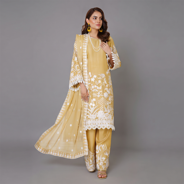 Mustard and White Embroidered Three-Piece Suit