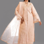 Peach Organza Embellished Kurta with Wide-Leg Trousers and Dupatta Set