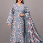 Grey Floral Embroidered Lawn Co-ord Set with Striped Dupatta