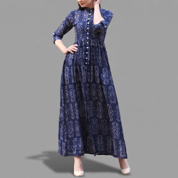Indigo Ikat Printed Front-Slit Maxi Kurta