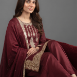 Royal Maroon Embroidered Festive 3-Piece Suit
