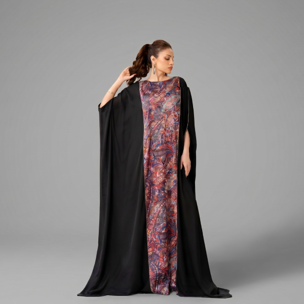 Midnight Tapestry: Printed Panel Kaftan Abaya