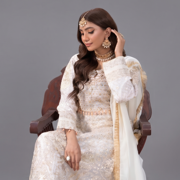 Radiant Ivory and Gold Embellished Anarkali Set