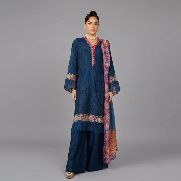 Deep Blue Floral Embroidered Lawn Coordinate Set