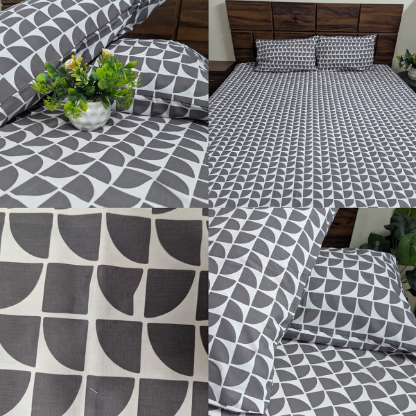 Geo Arc Grey Premium Cotton Double Bedsheet With Pillow Set